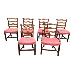 Mid 20th Century Vintage Chippendale Style Ribbon-Back Dining Chairs in Mahogany With Upholstered Seats - Set of 6