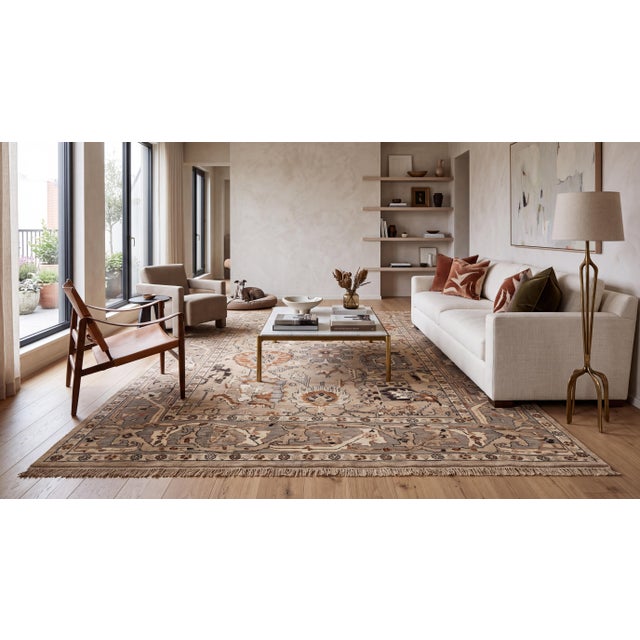 Elevate your interior with this refined Modern Oushak-style area rug, hand-knotted from premium wool for exceptional...
