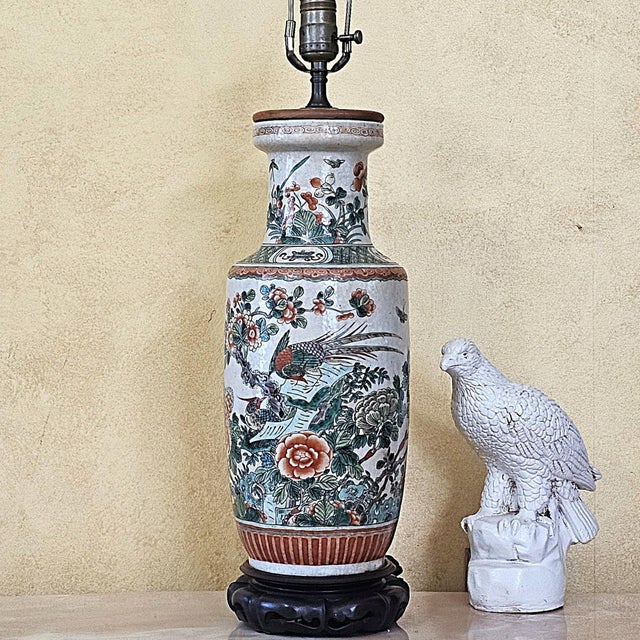 Vintage Chinese Famille Verte Style Porcelain Table Lamp With Hand Painted Birds & Peonies For Sale - Image 17 of 18