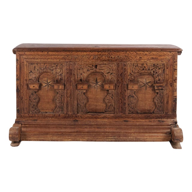 Chest in Oak with Carved Details and Fruitwood Inlays, 1860s For Sale