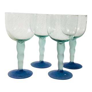 Postmodern Memphis Style Vintage Frosted Teal and Blue Glass Stemware - Set of 4 For Sale