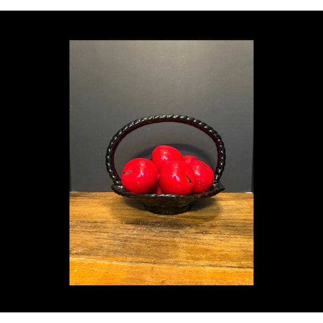 Mid-Century Modern Vintage Ceramic Fruit Red Apples Black Basket Mid Century Decor 9.25” X 12” For Sale - Image 3 of 6