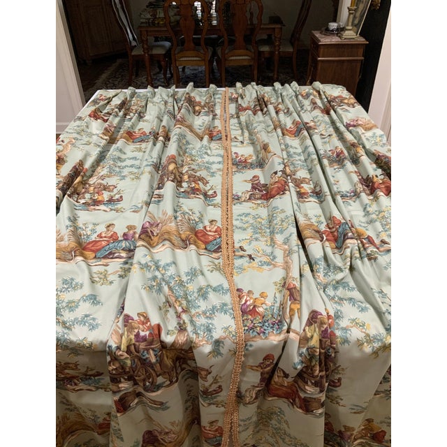3 Pair Custom Designer Fabric Multi-Color Toile Drapery Panels / Curtains / Drapes For Sale - Image 11 of 11