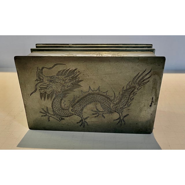 Antique Chinese Tea Caddy Pewter Dragon Swatow/Kut Hing Signed For Sale - Image 4 of 10