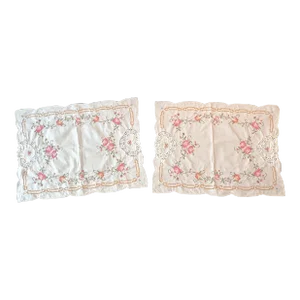 Pair of Mid 20th Century Floral Cross Stitch and Lace Table Placemats
