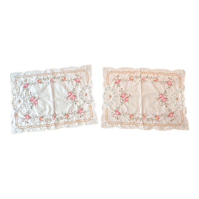 Vintage Floral Cross Stitch and Lace Table Placemats,2 For Sale