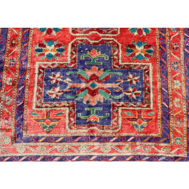 Red Vintage Caucasian Kazak Rug With Cross Medallions in Red and Blue 4'8 X 8'2 For Sale - Image 8 of 15