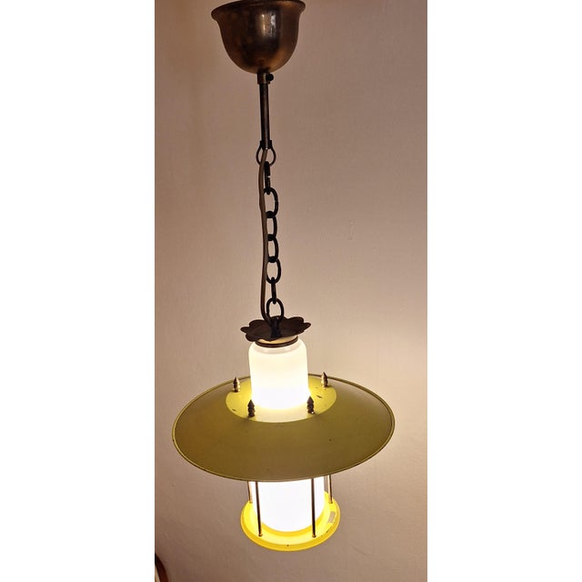Mid-Century Modern Mid-Century Ceiling Lamp with Opaque White Glass Shade in a Brass Mount with Yellow Metal Panels, 1950s For Sale - Image 3 of 7
