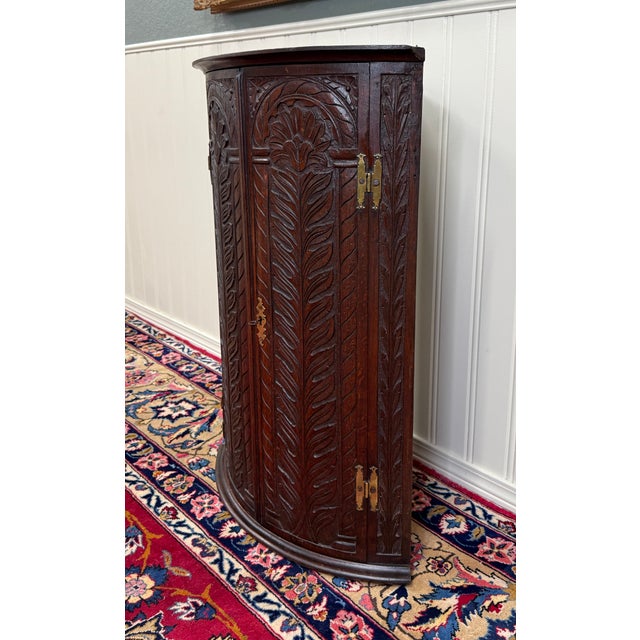 Antique English Corner Cabinet Carved Oak Hanging Wall Cabinet Storage 19c For Sale - Image 4 of 18