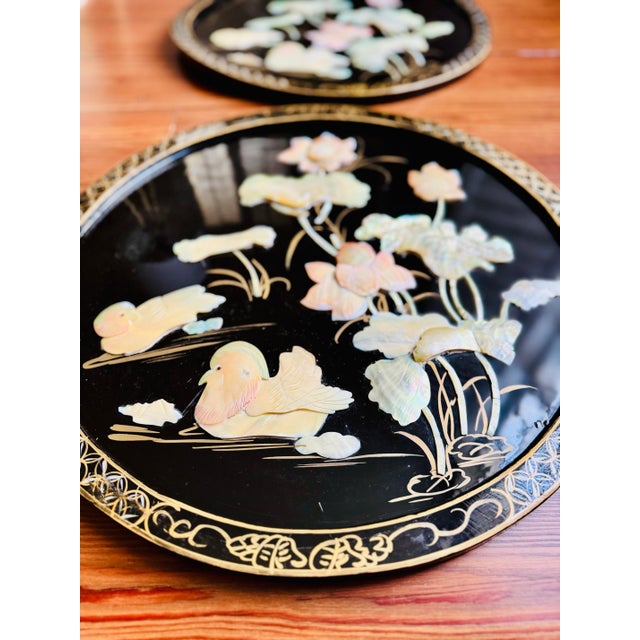 Black Chinoiserie Round Wall Art/Plaques With Mother of Pearl Inlay- A Pair For Sale - Image 6 of 12