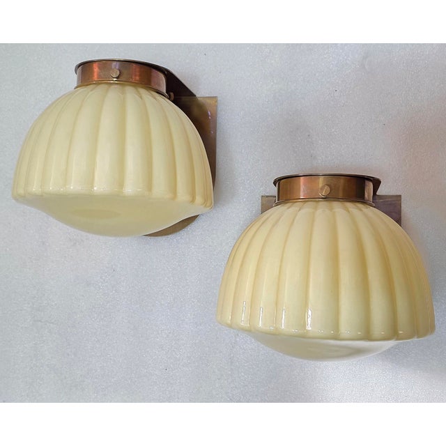 Pair Vintage Art Deco Light Old Lamp Wall Sconces Fixture Brass & Ribbed Cream Milk Glass Shade Lamp Ship Light For Sale - Image 6 of 8