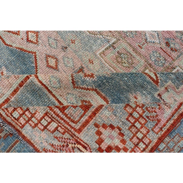 Persian Kurdish Antique Rug With Tribal Design in Light Blue, Teal, Taupe & Red 4'6"x5'10" For Sale - Image 9 of 10
