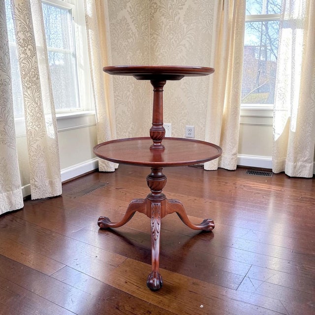 Vintage Mahogany Two Tier Round Dumbwaiter Table – 1940s Regency Style Claw Foot For Sale - Image 11 of 11