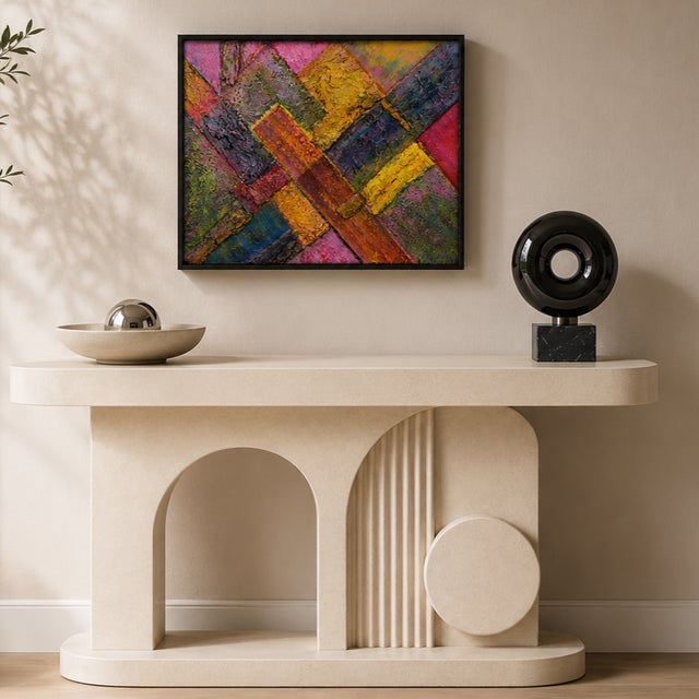A bold and vibrant 1980s textured abstract painting on canvas, executed in a dynamic mixed-media technique that layers...