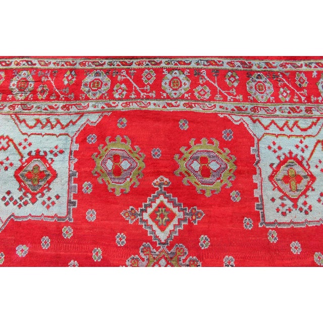 Large Antique Oushak Rug in Red, Acid Green and Ice Blue by Keivan Woven Arts For Sale - Image 11 of 12