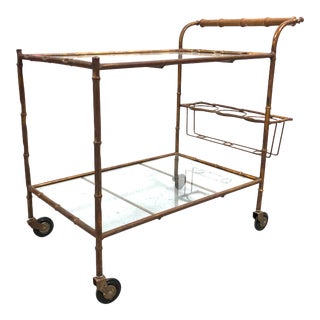 Vintage Faux Bamboo Boho Chic Gilt Bar Cart W Glass Shelves For Sale