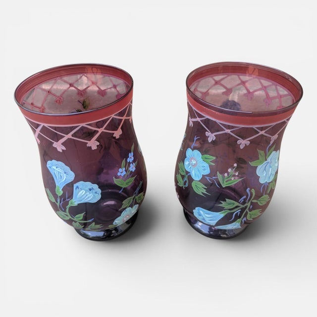 Vintage Hand Painted Purple Glass Hurricanes- A Pair For Sale - Image 4 of 17