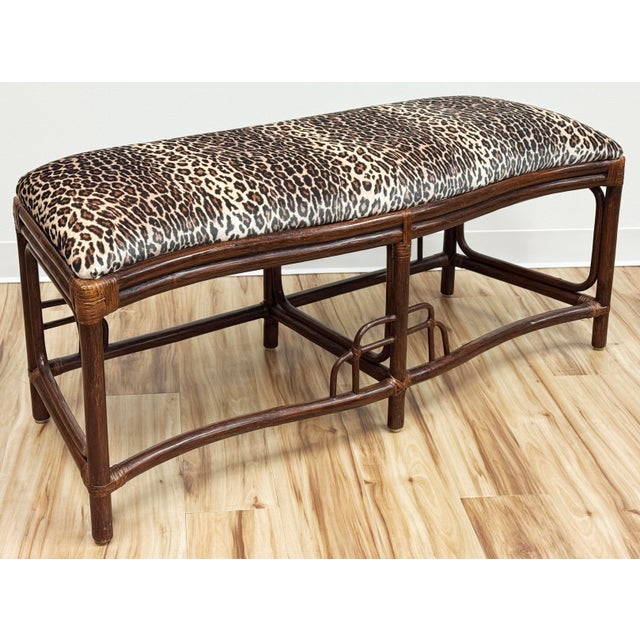 Vintage Velvet Leopard Print Upholstered Chinoiserie Style Bench For Sale - Image 4 of 9