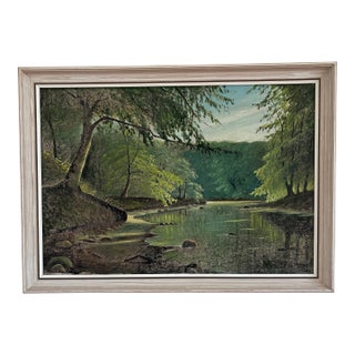 Vintage Woodland Lake Oil Painting, Forest Landscape Art - Signed For Sale