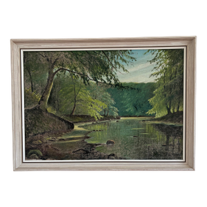 Vintage Woodland Lake Oil Painting, Forest Landscape Art - Signed