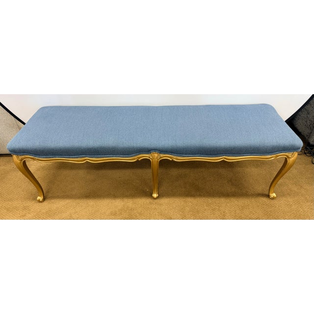 French Giltwood Louis XV Style Long Blue Upholstered Bench, Window Seat For Sale - Image 3 of 7