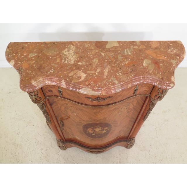 French 1980s Italian Marble Top Inlaid Commode With Bronze Trim For Sale - Image 3 of 10