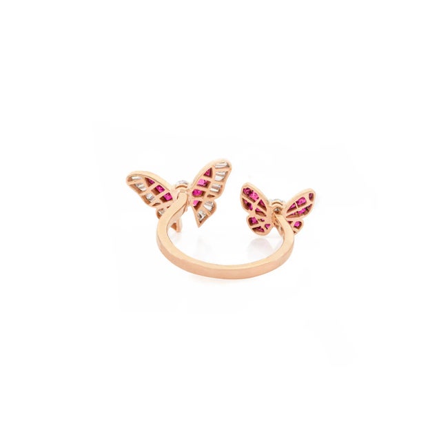 Gold Ruby & Diamond Twin Butterfly Open Cuff Ring Size 6.5 For Sale - Image 8 of 12