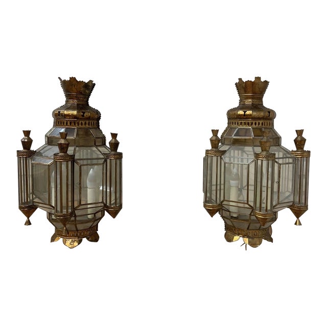 Vintage Spanish Brass With Leaded Glass Exterior Outdoor Lighting Sconce - Pair For Sale