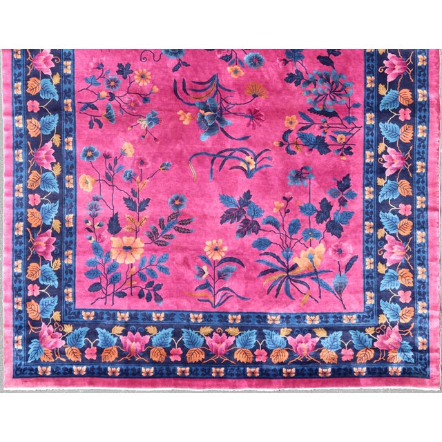 Magenta Background Chinese Art Deco Rug With Large Vining Flowers and Leaves 12'0 X 14'8 For Sale - Image 4 of 12