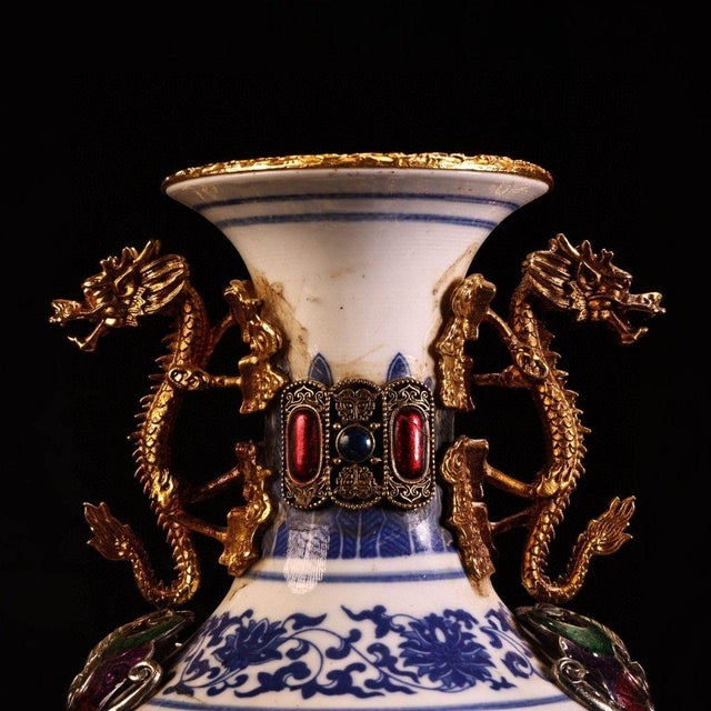 Vintage Chinese Blue and White Porcelain Vase With Gilt Bronze Dragon Handles and Elaborate Stand For Sale - Image 4 of 9