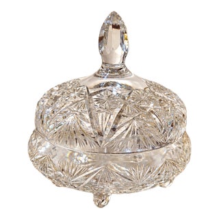 Vintage Cut Lead Crystal Footed Covered Compote For Sale