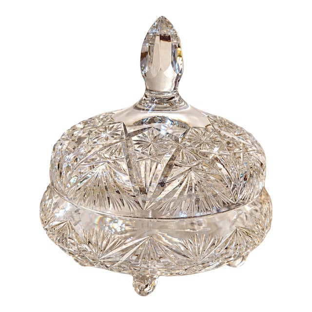Vintage Cut Lead Crystal Footed Covered Compote For Sale