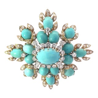 Diamond Turquoise Gold Brooch/Pendant 3 Carats Large Floral Style For Sale
