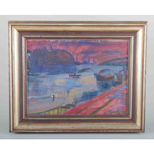 Gerhard Lundberg, Swedish artist. “La Seine, Paris”. Oil on canvas. 1938 An atmospheric view of the river La Seine in...