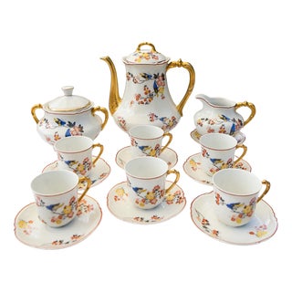 Antique Coffee Set by Malaveix and Granger for Limoges Porcelain, 1920, Set of 16 For Sale