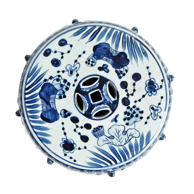 Indigo Blue Fish Floral Ceramic Stool For Sale - Image 4 of 10