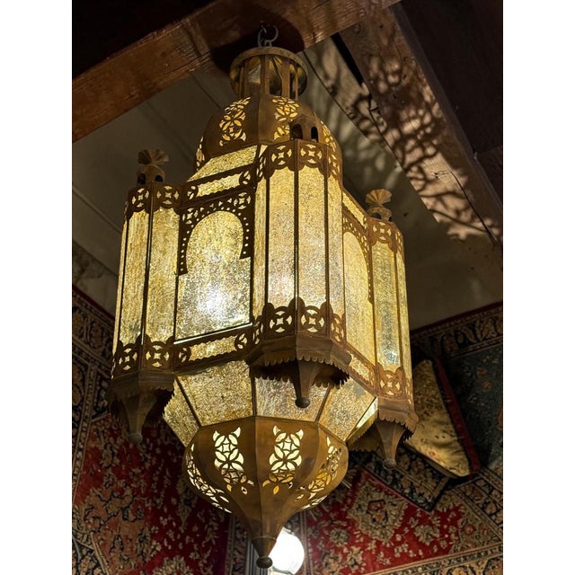 Monumental Arab-Moorish Hanging Lantern in Pierced Metal with Translucent Panels, 1920s For Sale - Image 3 of 5