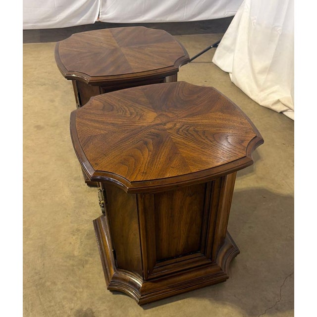 Traditional Vintage Drexel Mediterranean Walnut End Tables With Storage – A Pair For Sale - Image 3 of 11