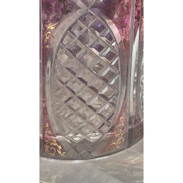 Traditional Antique Edwardian Bohemian Cut Crystal Amethyst Overlay, Raised 24k Gold Gilt Pitcher For Sale - Image 3 of 11