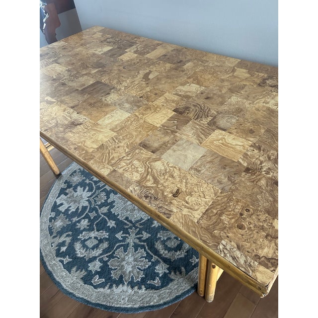 Contemporary Late 20th Century Tessellated Olive Ash Burlwood and Pencil Reed Dining Table - Organic Modern For Sale - Image 3 of 17
