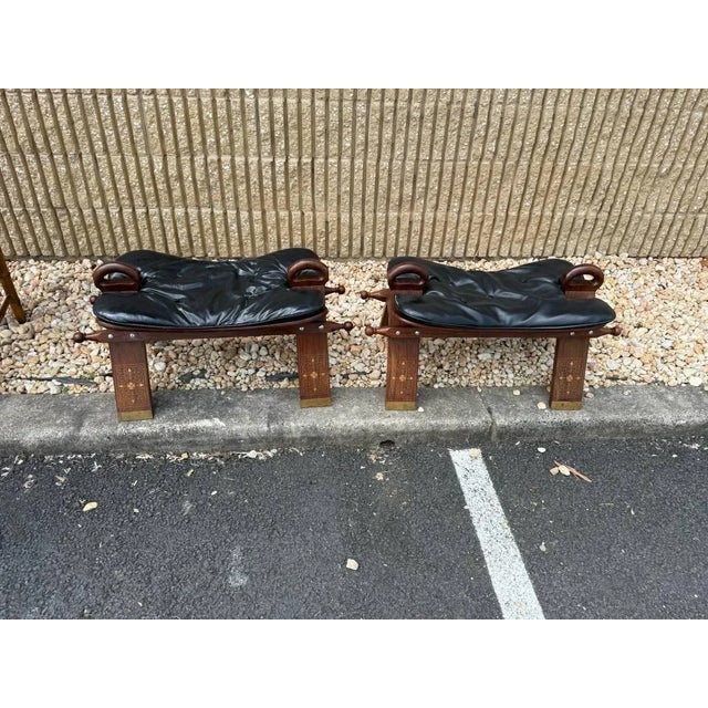 Pair of Vintage Vinyl Seat Brass Inlaid Camel Saddle Stools For Sale In Washington DC - Image 6 of 12