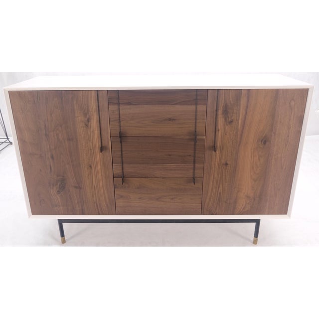 Early 21st Century White Lacquer & Walnut 3 Drawer Two Compartments Credenza Mid Century MINT For Sale - Image 5 of 11