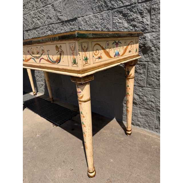 1990s Venetian Style Crème Peinte and Polychrome console Table, green marble mosaic top, molded frieze, tapered legs,...