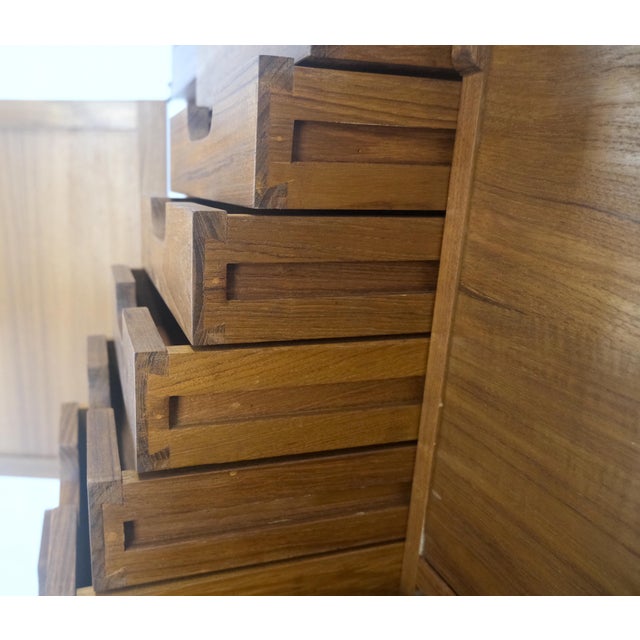 MINT! Solid Teak Multiple Fitted Drawers Amber Textured Glass Doors Cabinet Credenza