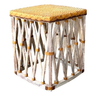 Vintage Rattan and Wood Equipale Stool For Sale