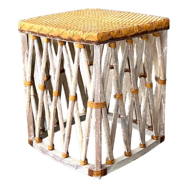 Vintage Rattan and Wood Equipale Stool For Sale
