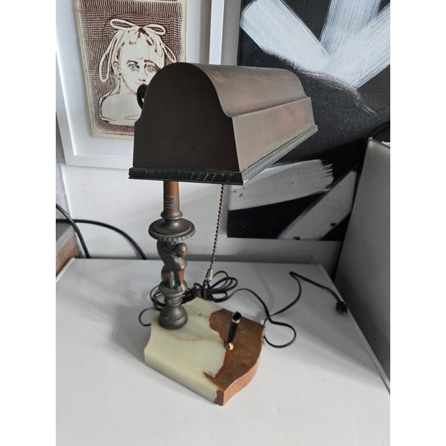 Bronze 1910s Early Bronze Sphinx Bankers Lamp W Onyx Base & Pen Holder For Sale - Image 8 of 13
