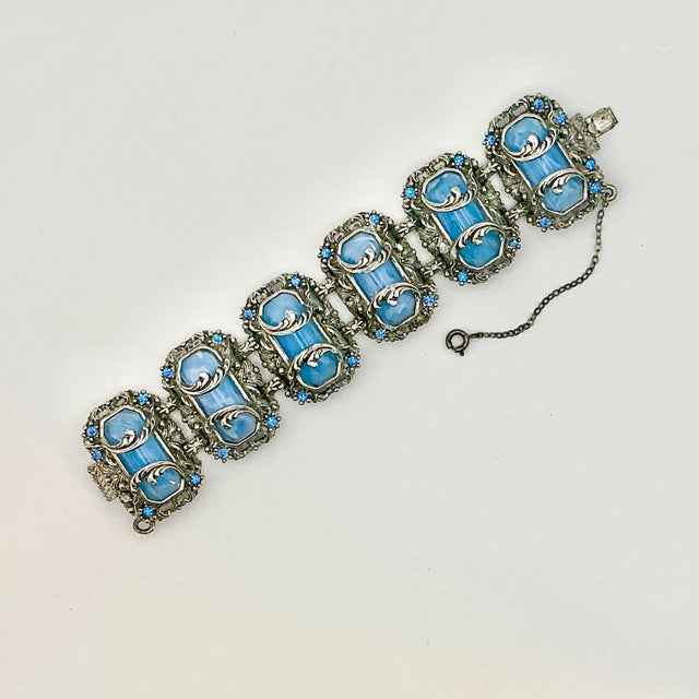 1920s 1920s Antique Art Deco Art Nouveau Blue Glass & Silver Tone Clasp Cuff Bracelet, 7” For Sale - Image 5 of 13