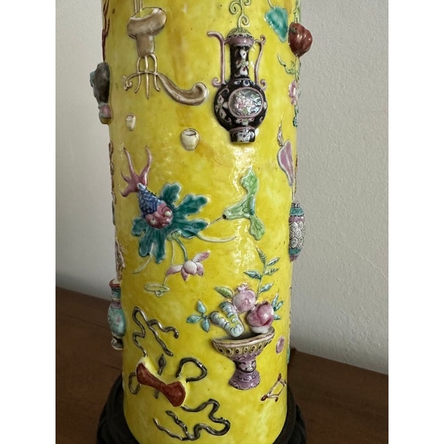 Antique Chinese Famille Rose Yellow Lamp Relief Decorated Vase For Sale - Image 10 of 18