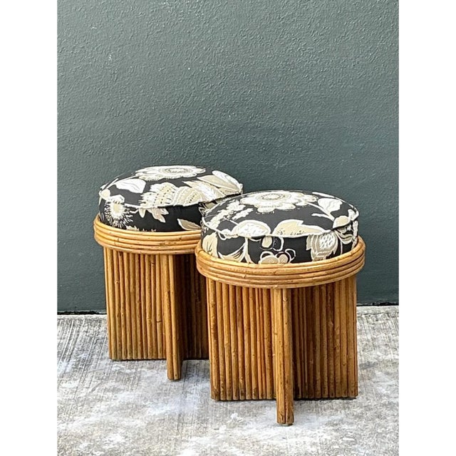 Vintage Schumacher Pencil Reed Upholstered Stools - Pair For Sale - Image 9 of 12